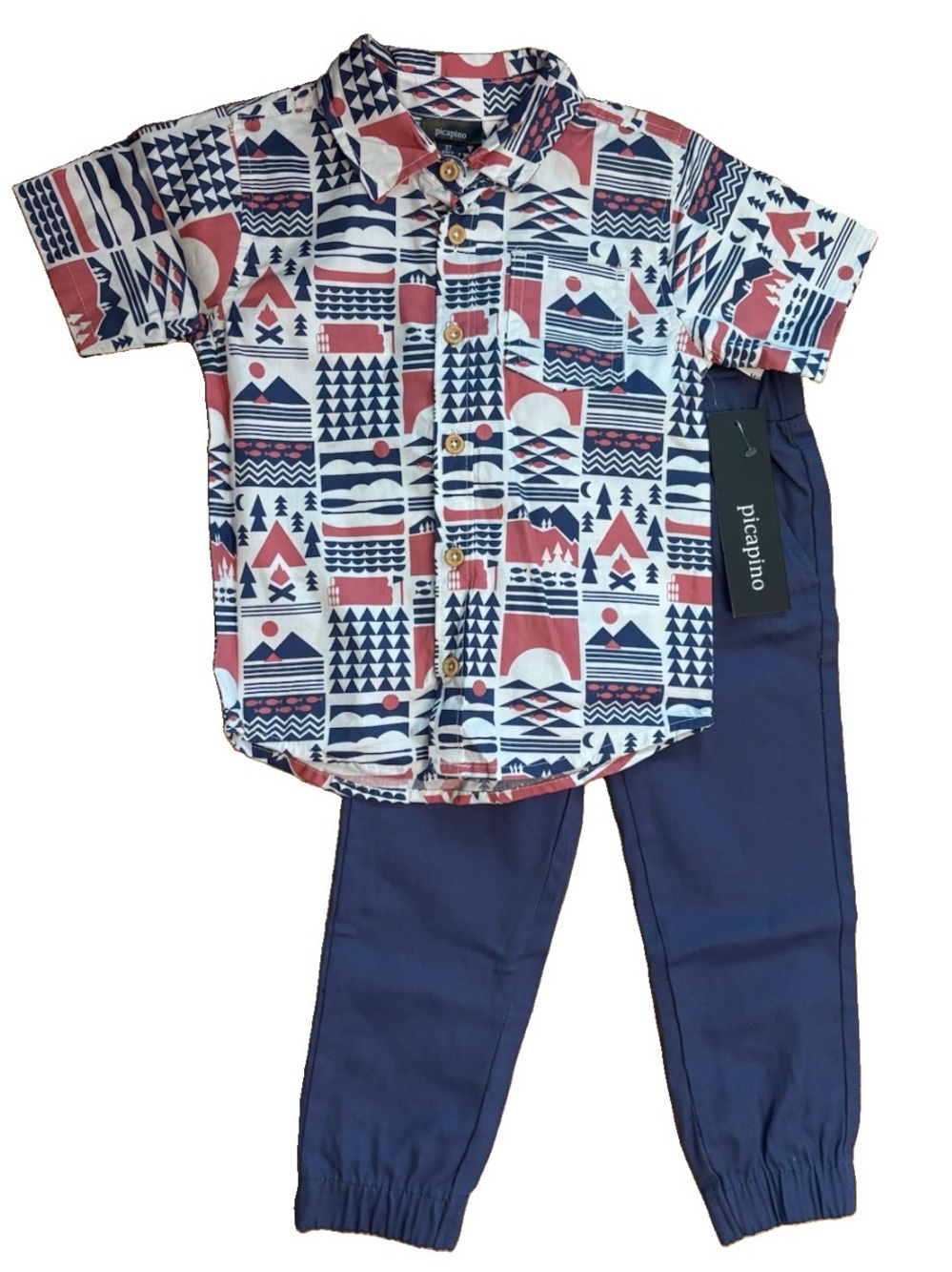 Picapino Boys Geometric Print Button-Up Shirt & Navy Twill Joggers - 3T
